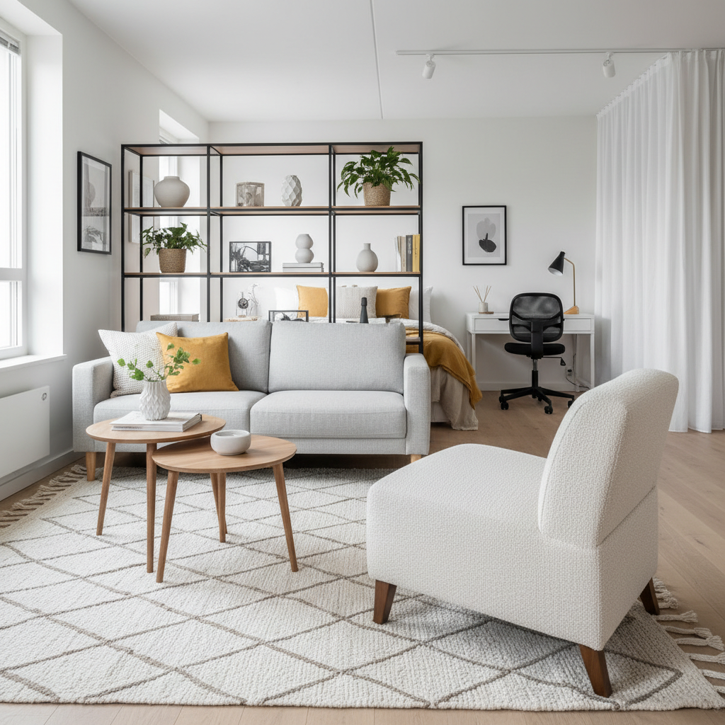 Studio apartment zoning with rug and shelving divider on a budget