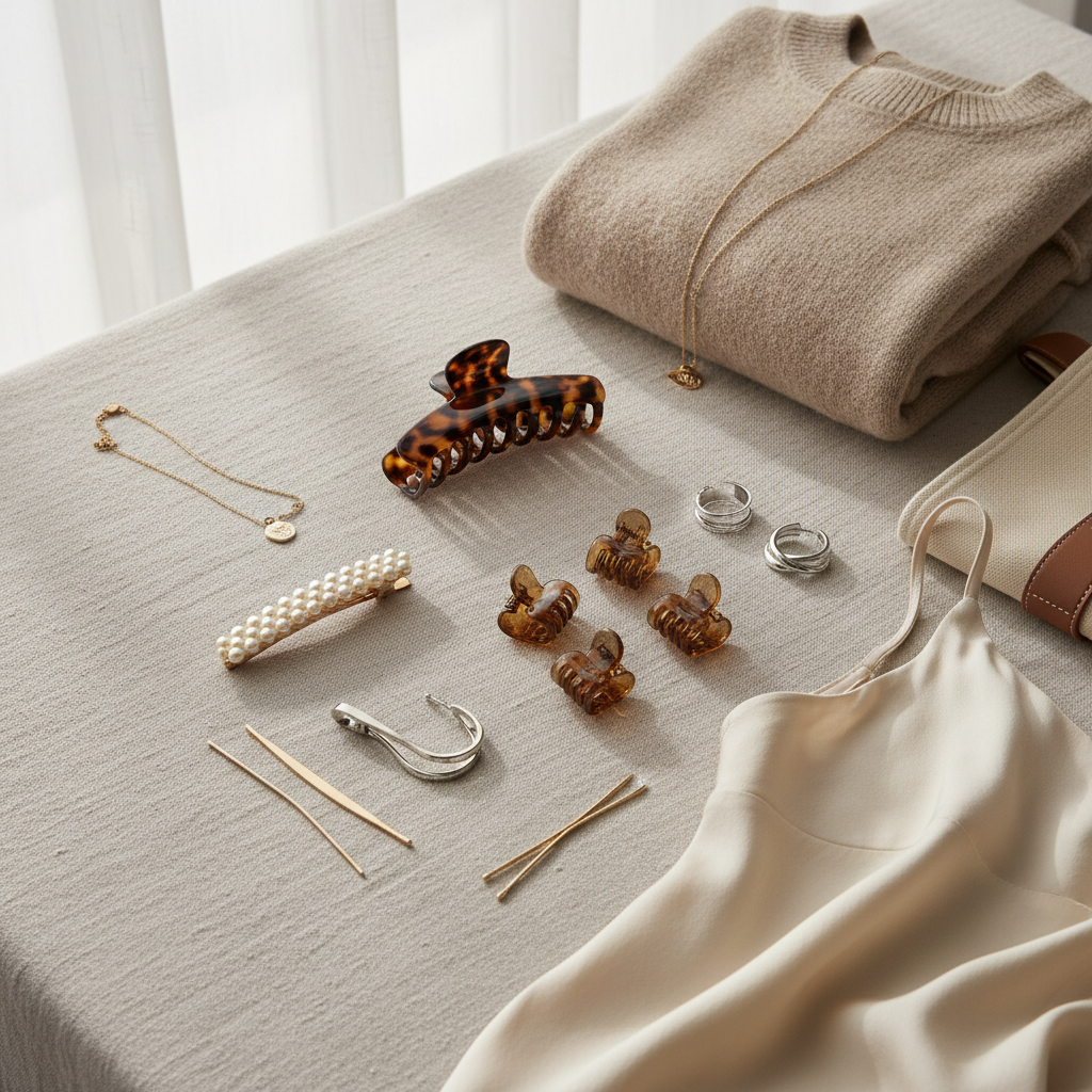 Flat lay of hair clips with gold and silver jewelry styling options
