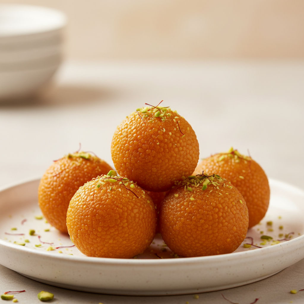 Finished motichoor laddus with pistachio garnish on a serving plate