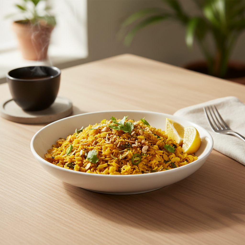 Finished quick easy poha served with lemon and cilantro