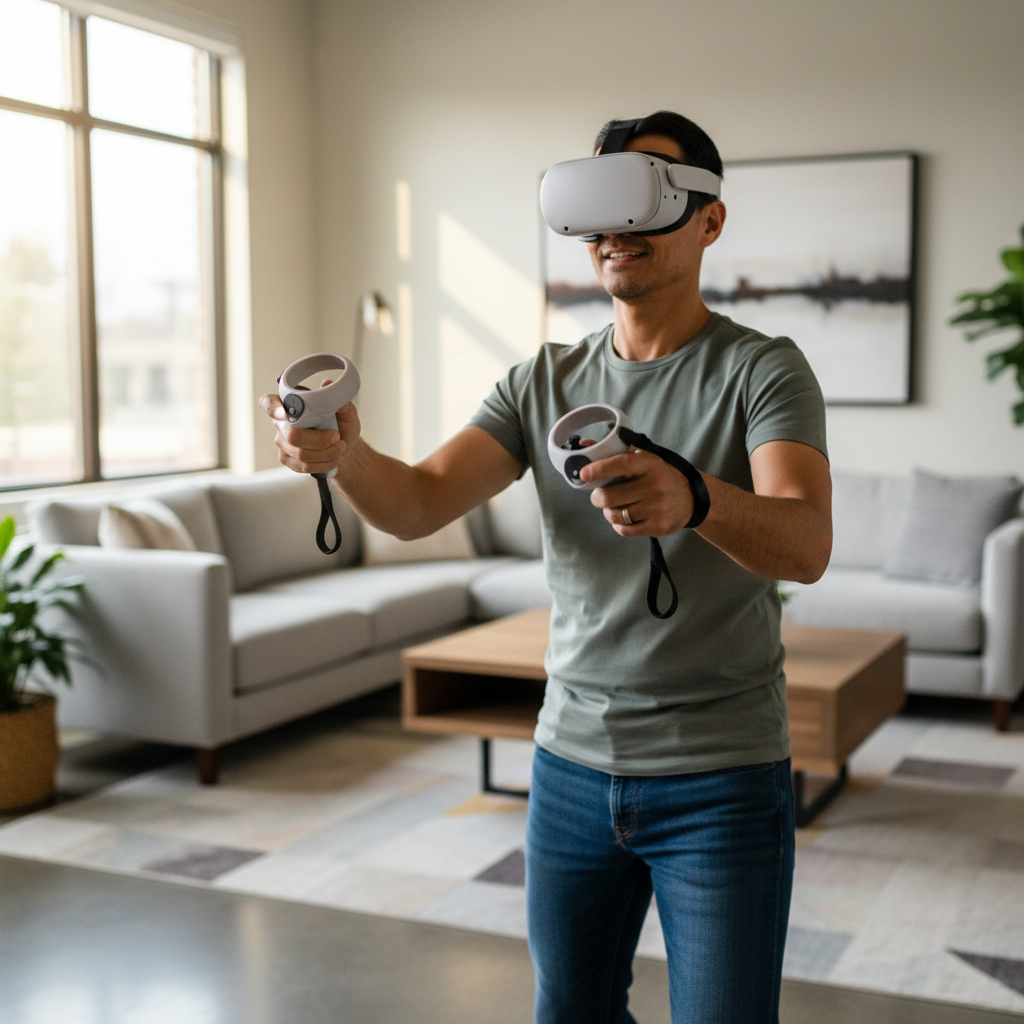 Hands using Quest 3 controllers with knuckle straps during an active VR game