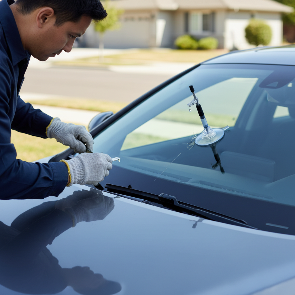 DIY windshield chip repair with resin kit on car windshield