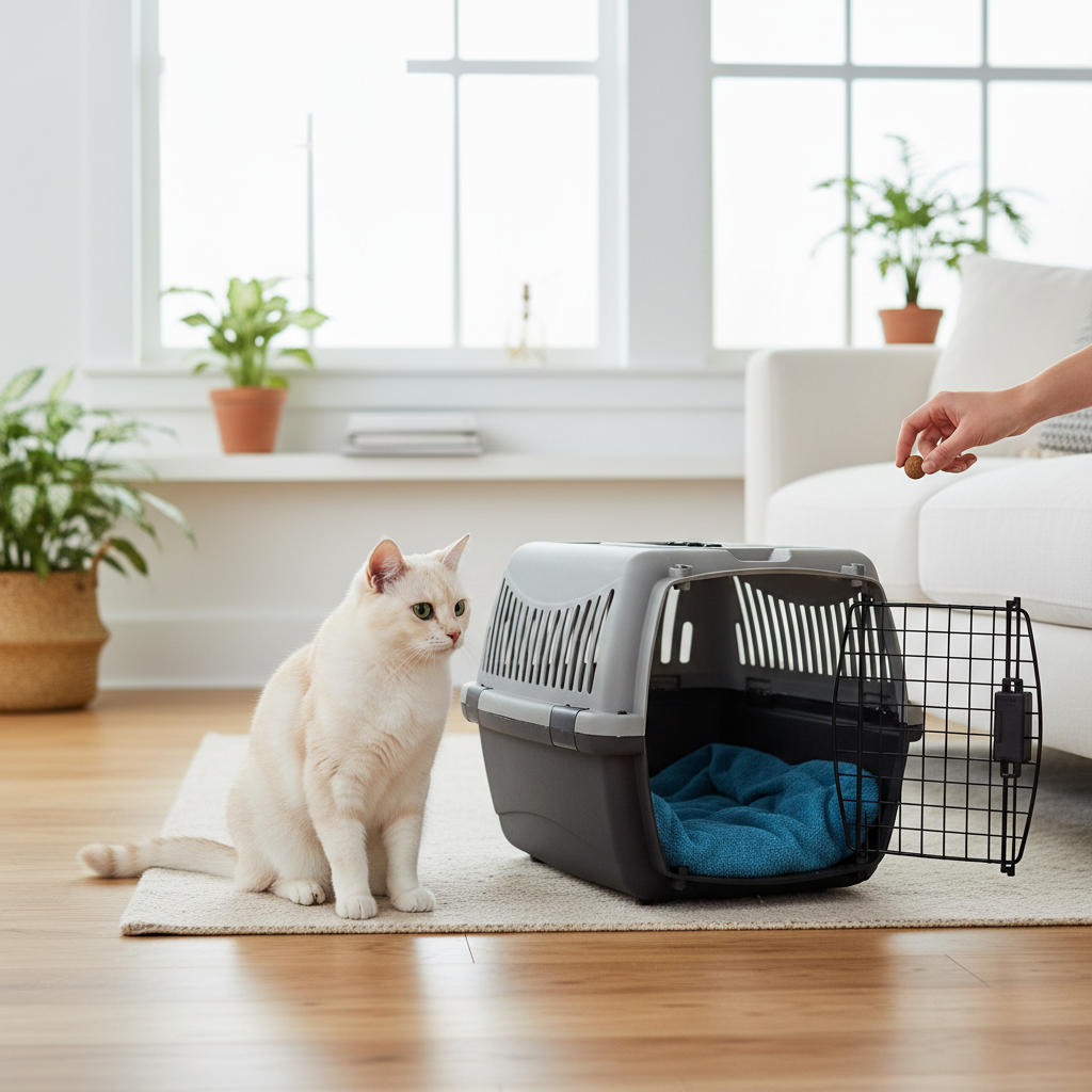 Owner calmly carrier-training a cat with treats