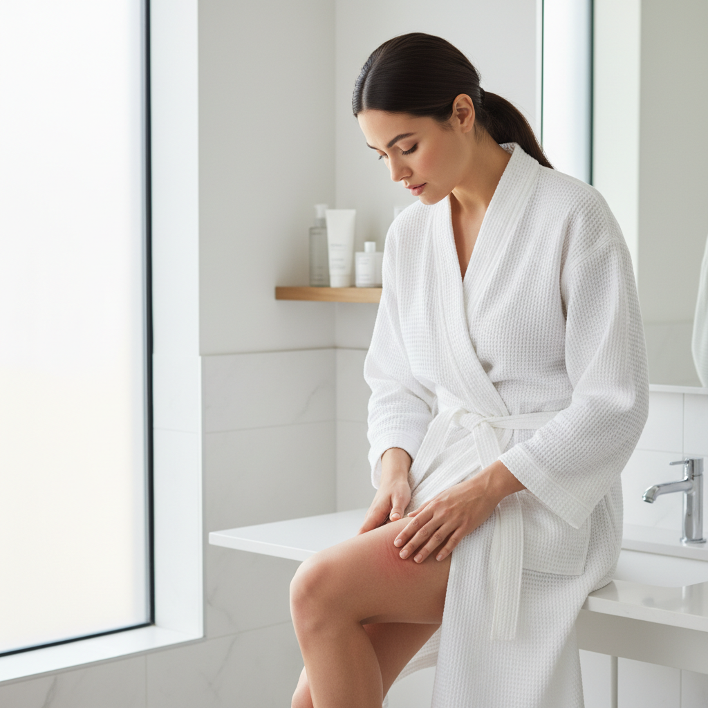 Woman checking leg skin irritation after shaving with razor burn