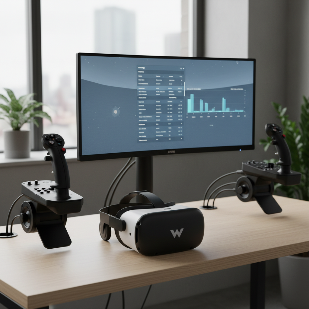 PC VR flight sim setup with headset, HOTAS, and performance overlay