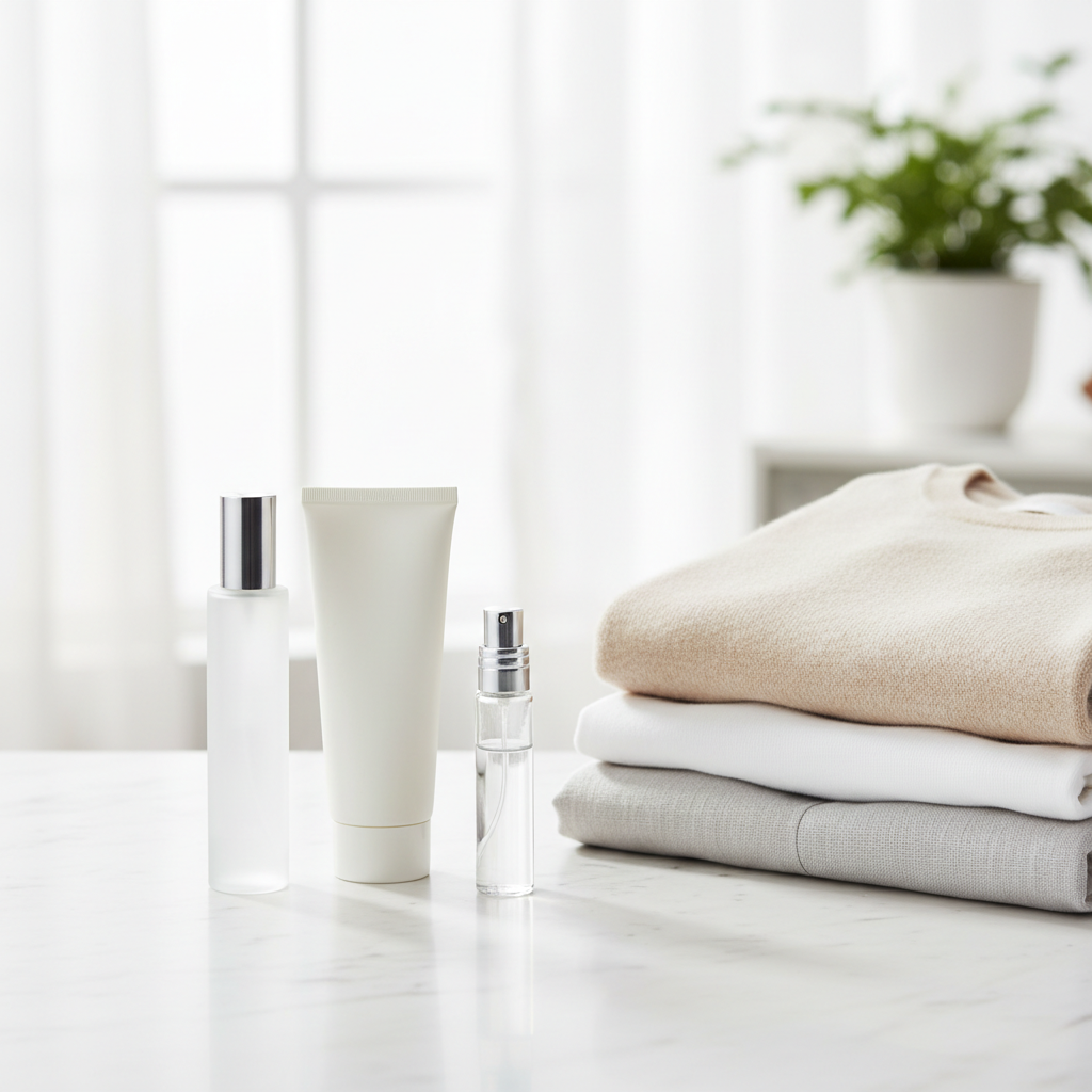 Fresh body mist layering routine with body lotion and travel atomizer