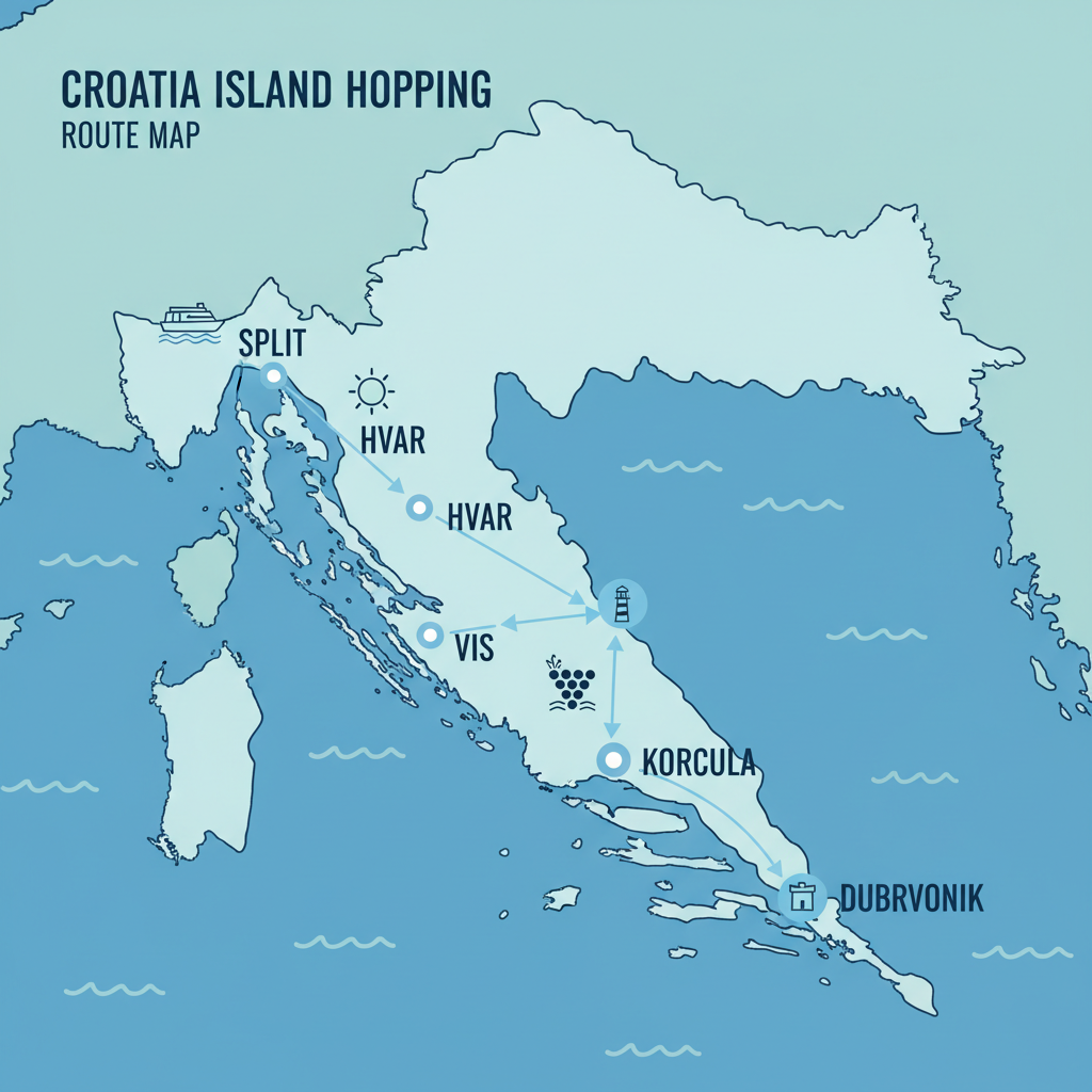 Map-style view of Croatia island hopping route across the Adriatic