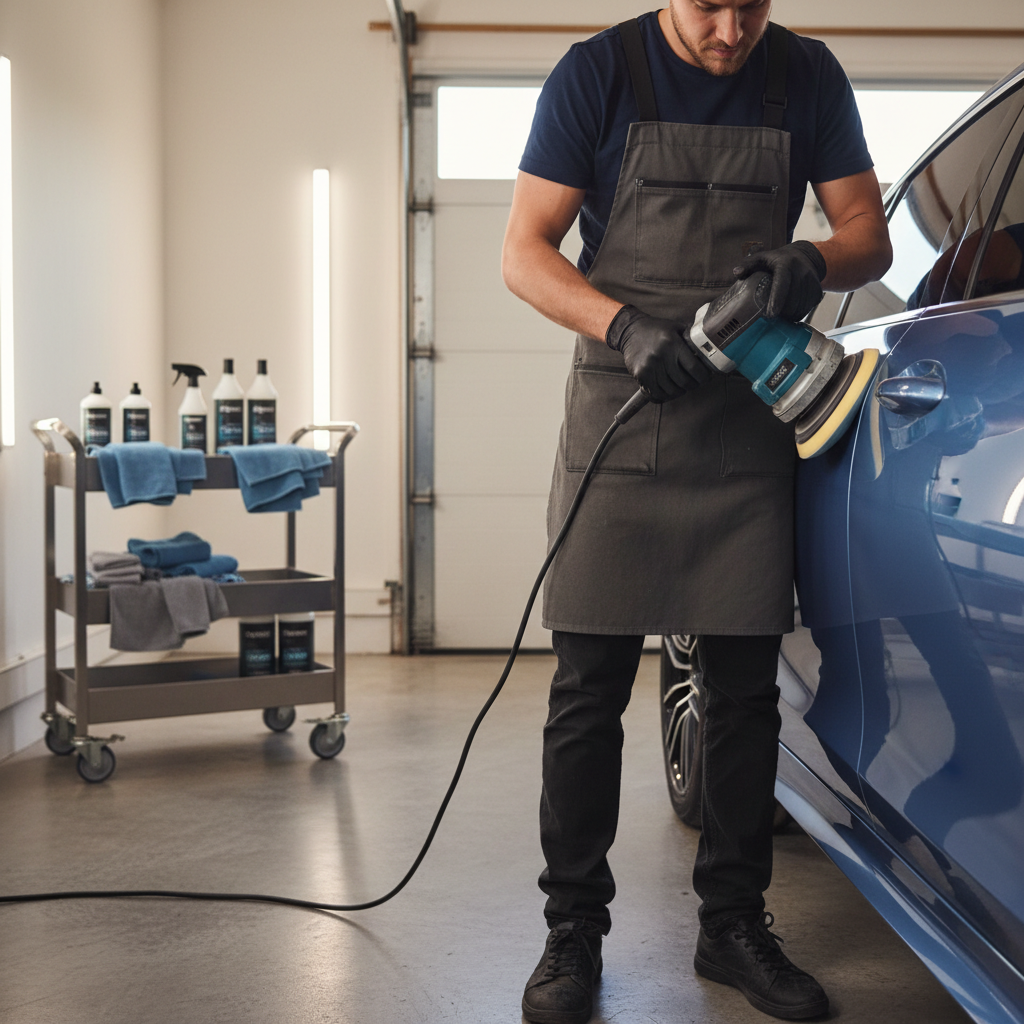 Dual-action polisher applying polish on a car door panel in a garage