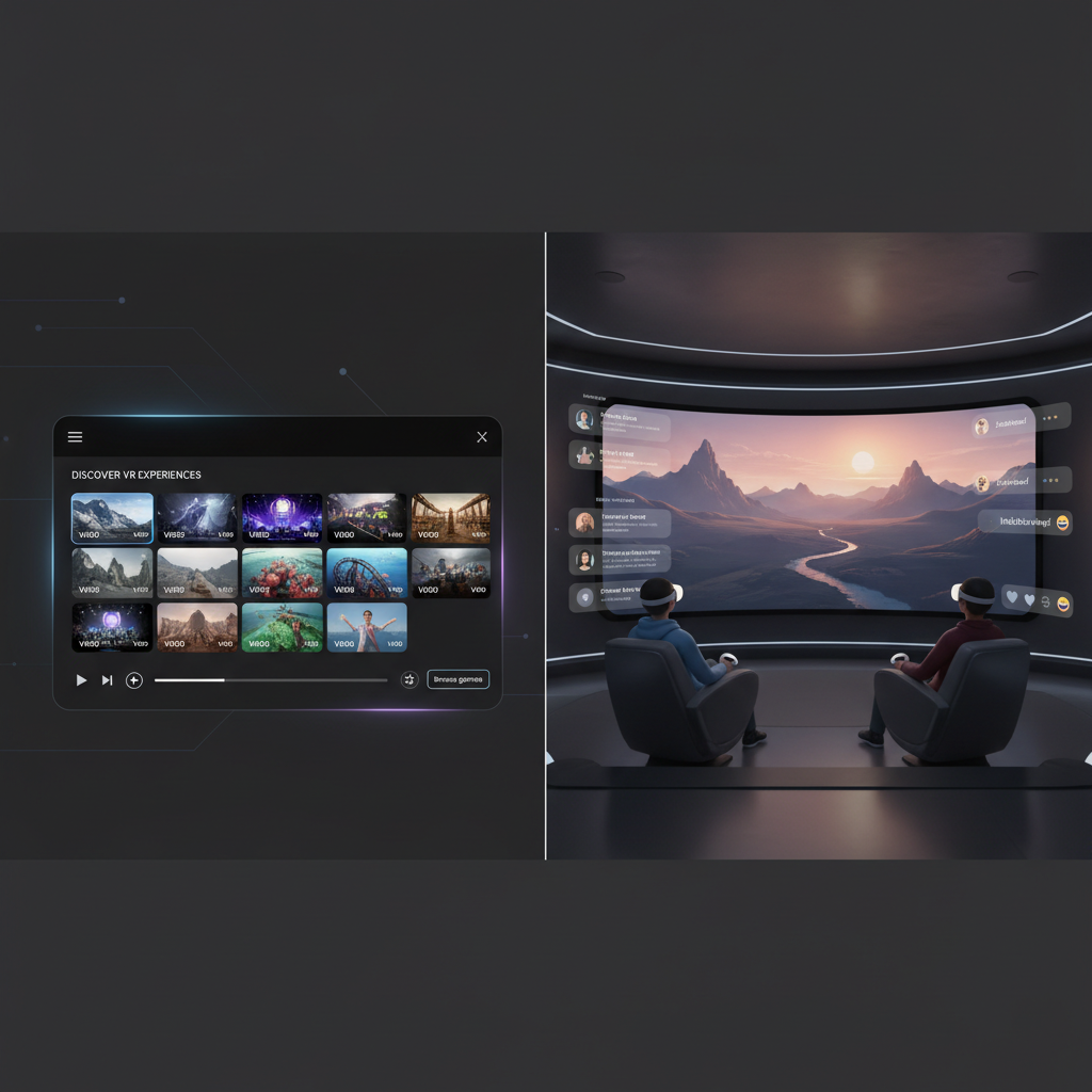 Side-by-side view of a VR cinema app and a social VR theater room