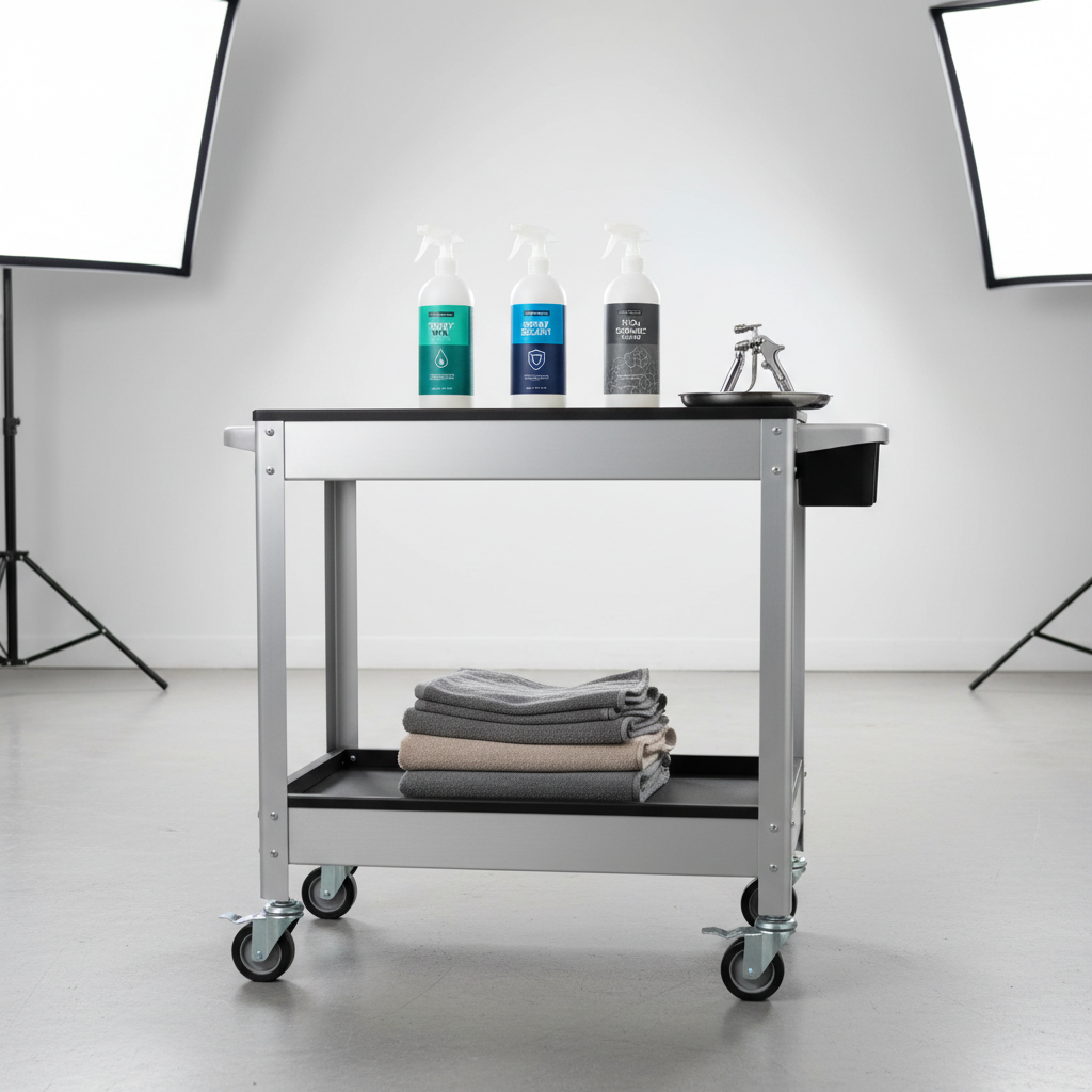 Comparison of spray wax, spray sealant, and SiO2 ceramic spray bottles on a detailing cart