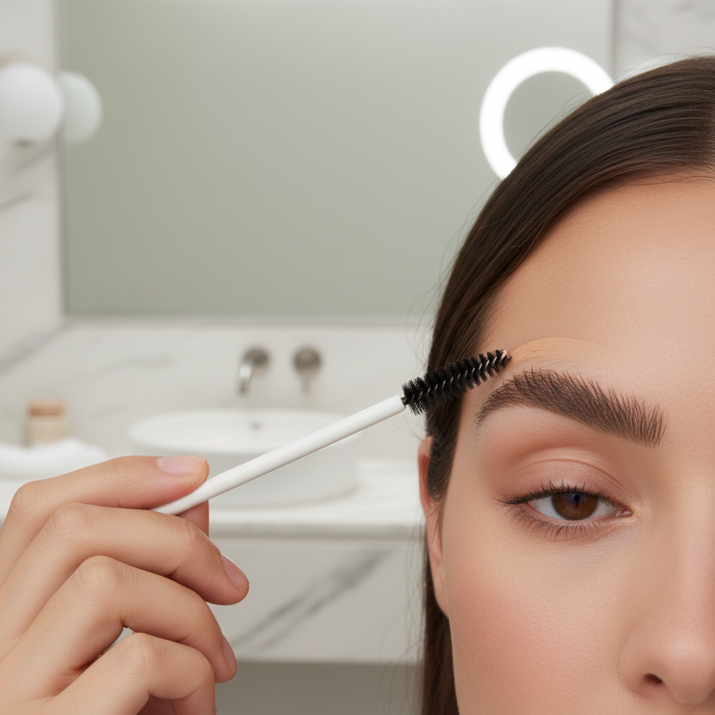 Blending eyebrow product with spoolie for a natural finish