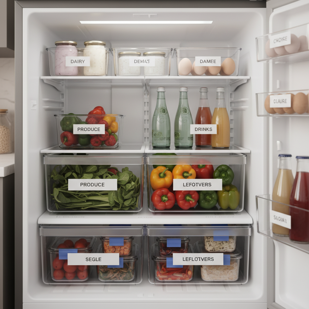 Organized small fridge with labeled bins and clear zones