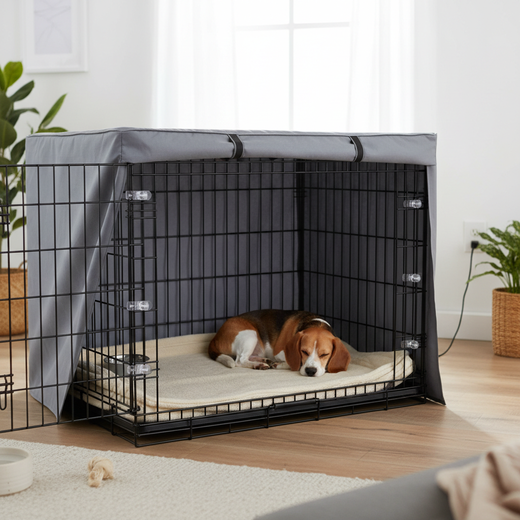 Safe setup of an electric pet heating pad in a crate with cord routed outside