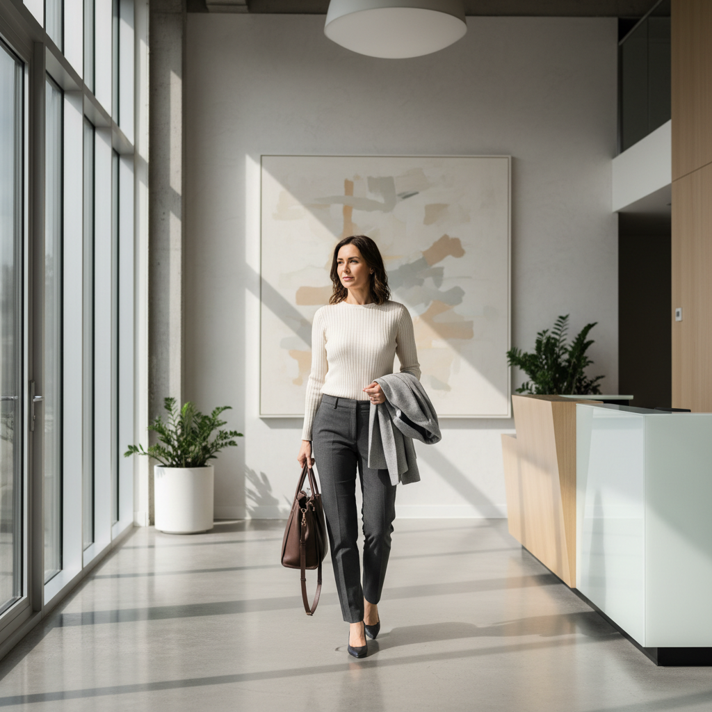 Business casual women outfit in a modern office setting