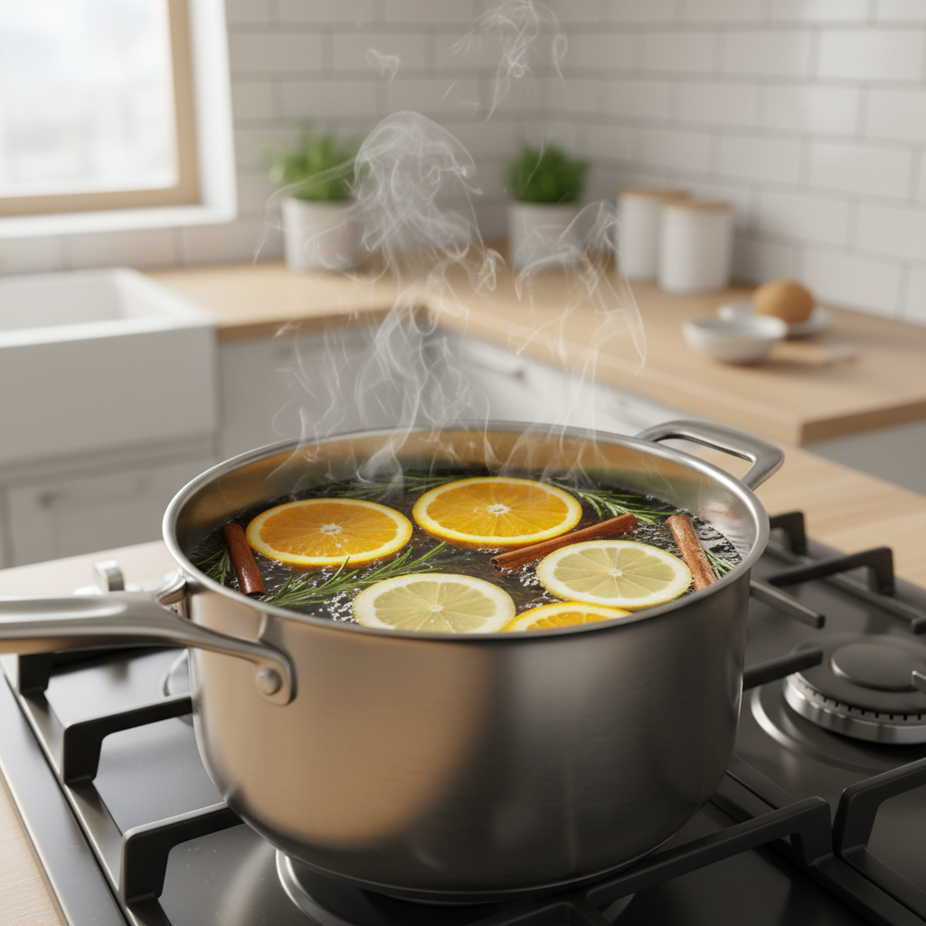 Simmer pot homemade air freshener with citrus and herbs on stovetop