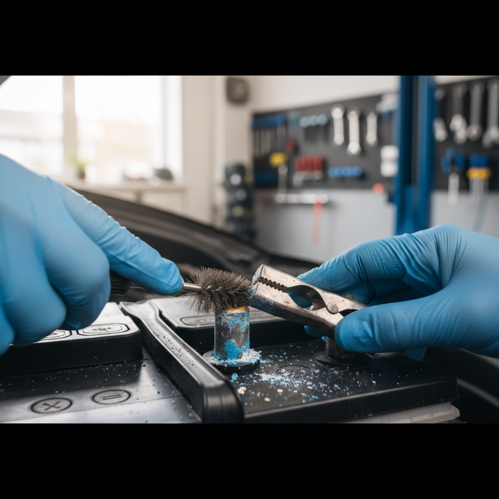 Cleaning a battery terminal with a terminal brush for solid metal-to-metal contact