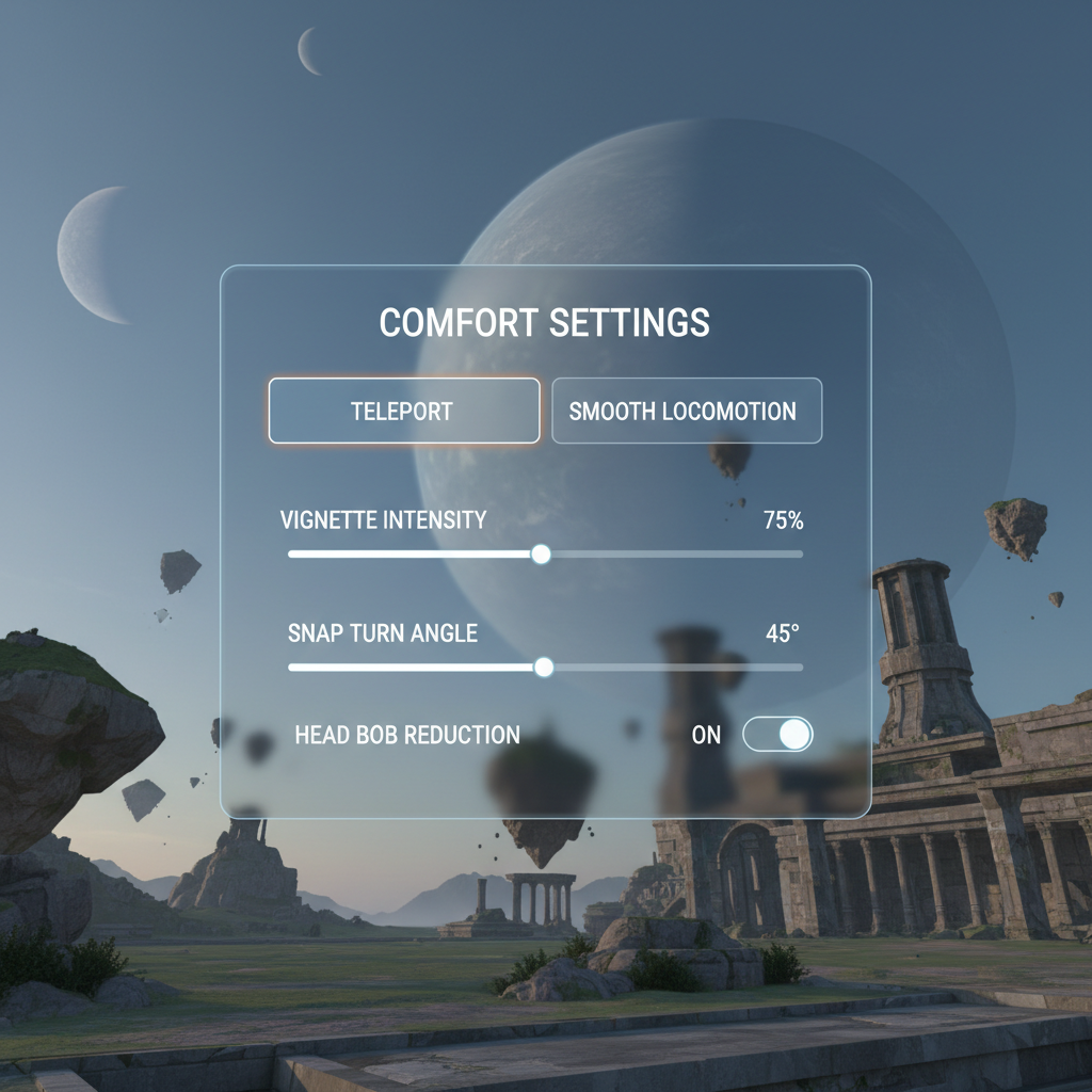 Comfort settings and locomotion options in a VR RPG menu