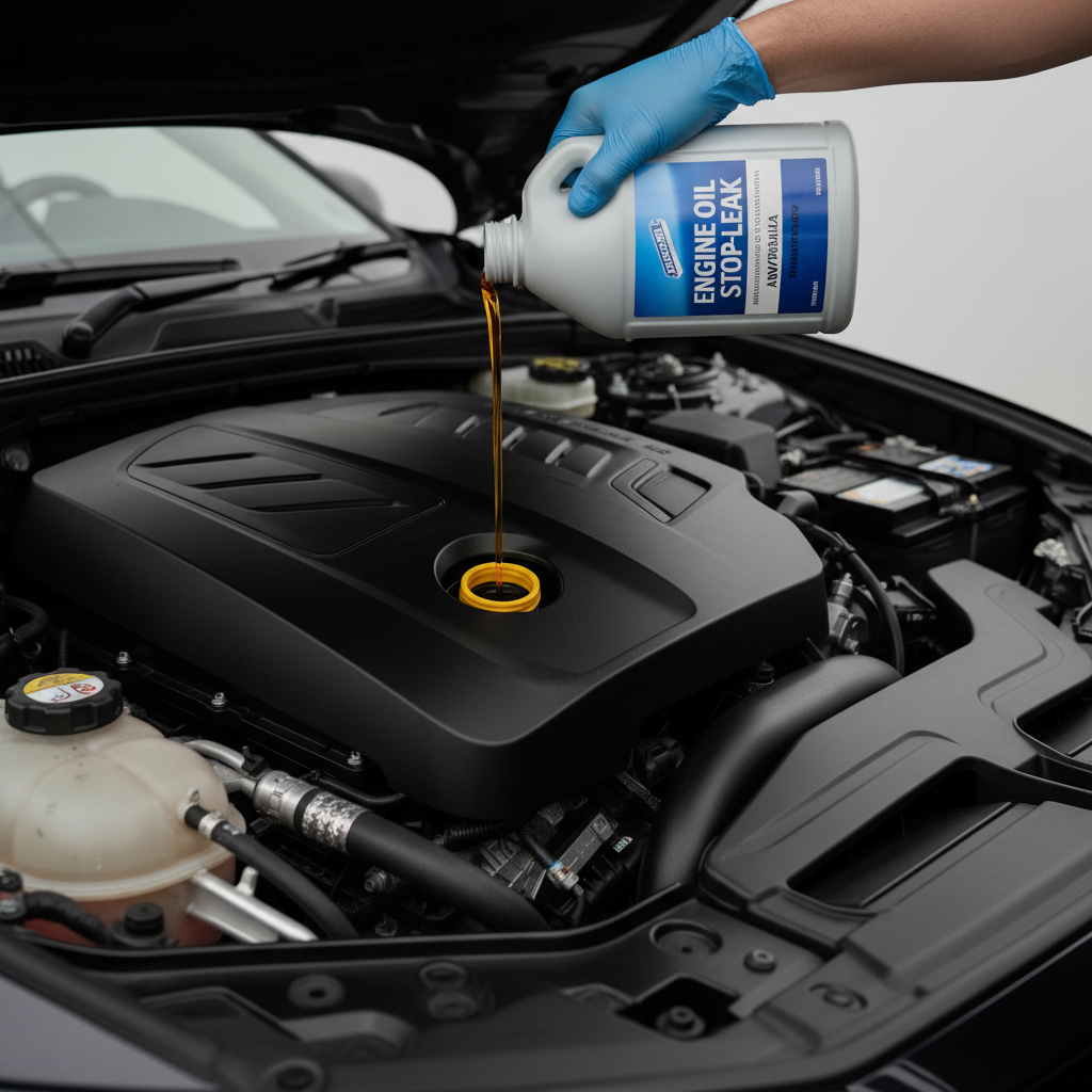 Pouring oil stop leak additive into engine oil fill cap