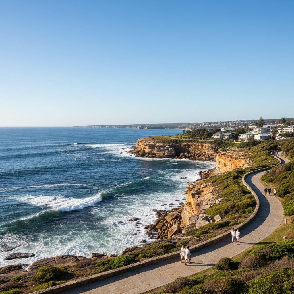 Sydney coastline in shoulder season with clear skies and relaxed crowds