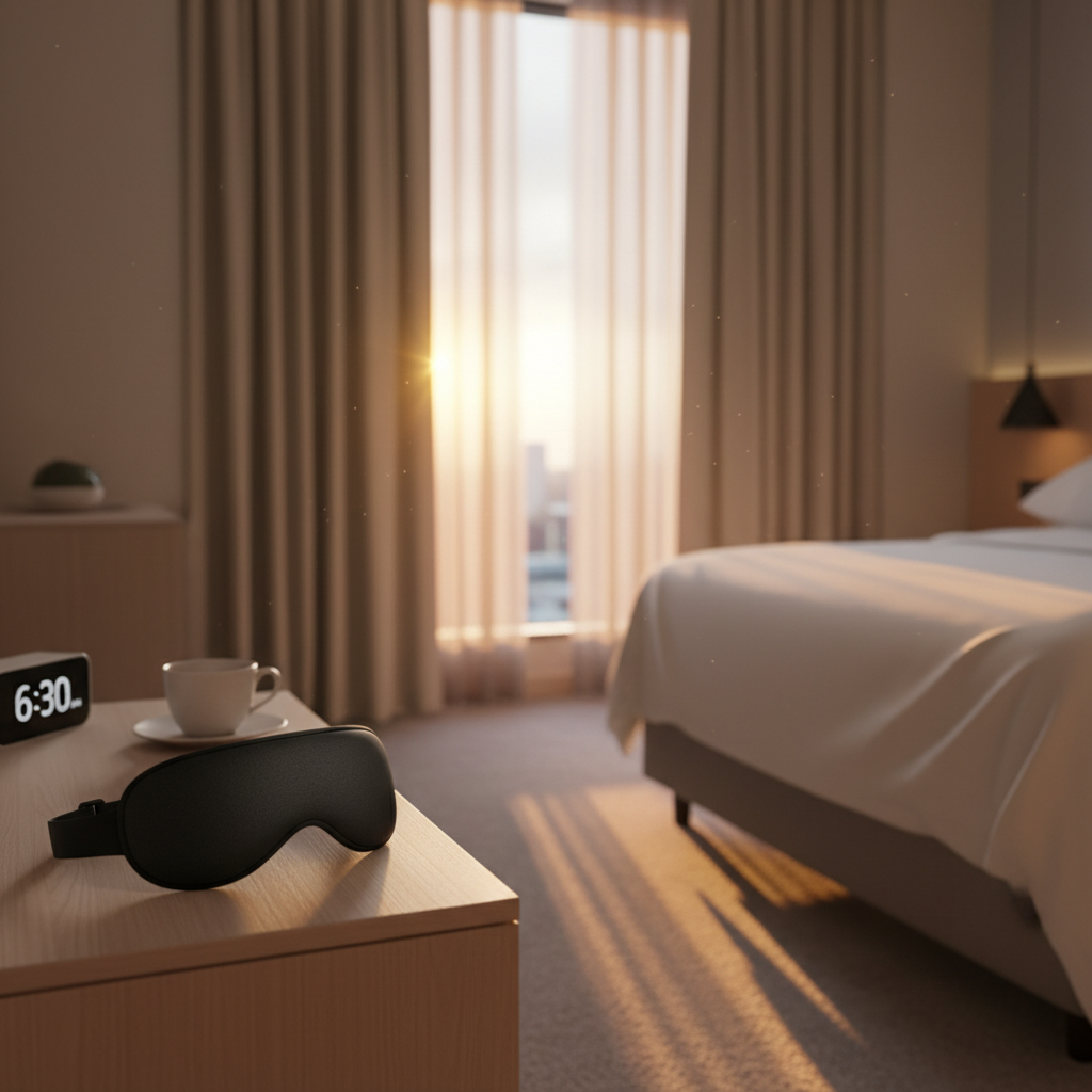 Blackout eye mask on a bedside table in a bright hotel room with light leaking through curtains
