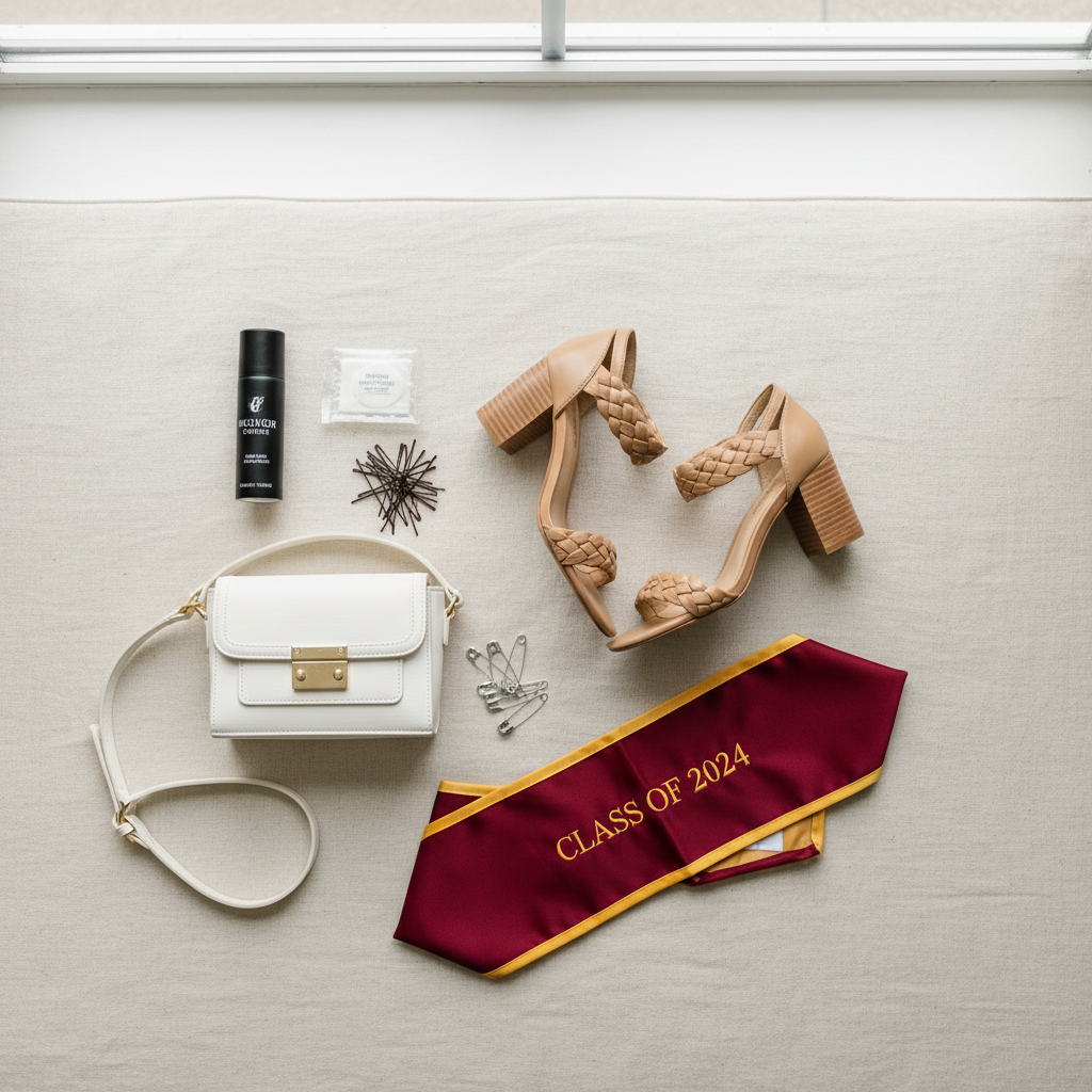 Graduation outfit essentials like shoes, bobby pins, and small bag for ceremony day