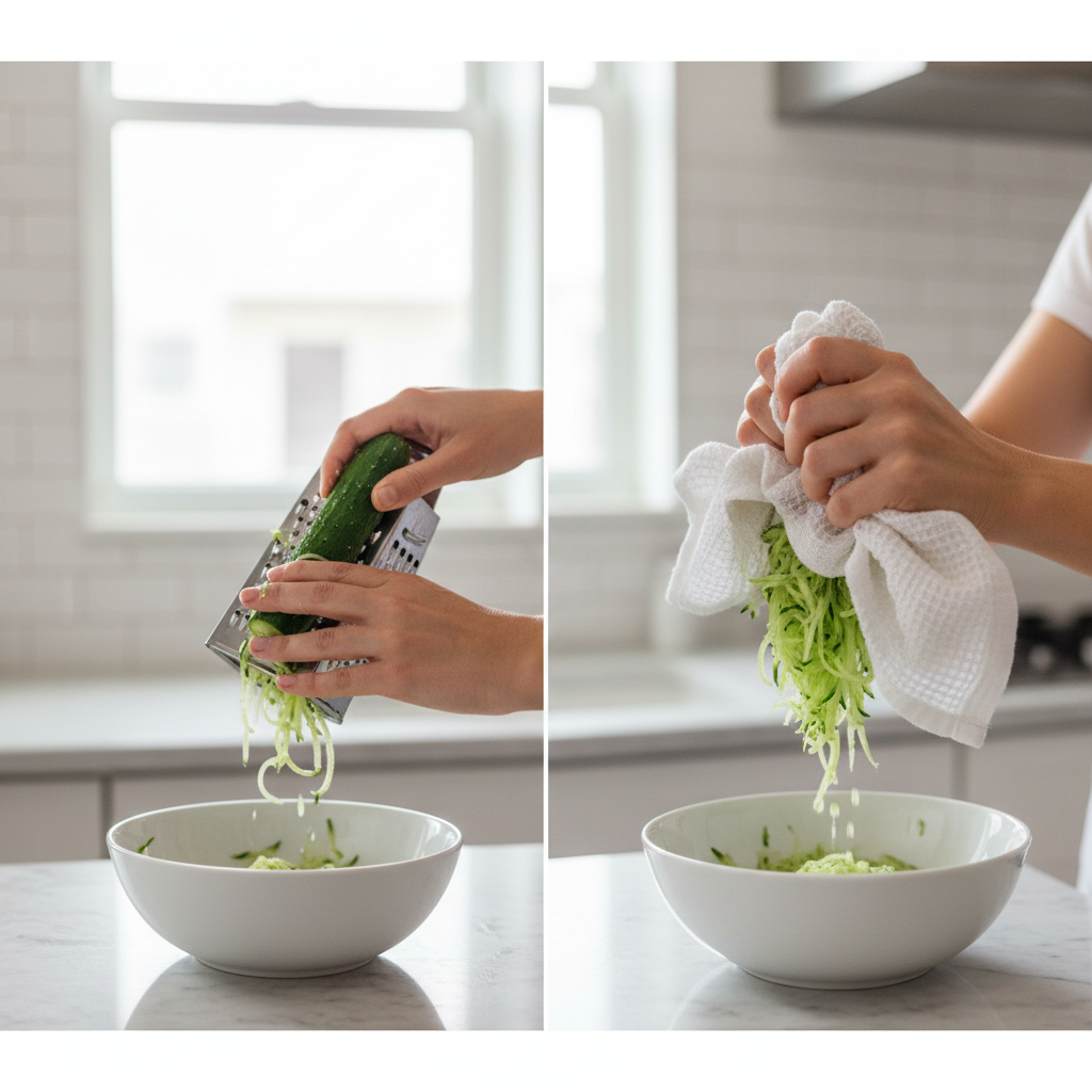 Fresh cucumber being grated and squeezed for thick tzatziki sauce