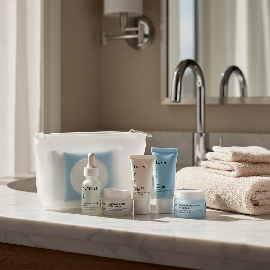 TSA-friendly travel skincare kit for dry skin on a bathroom counter
