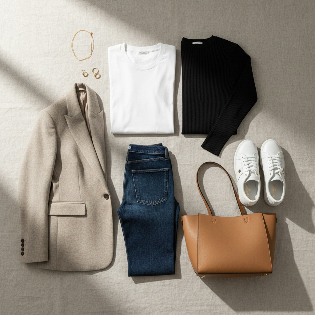Minimal capsule wardrobe essentials laid out for an easy put-together outfit
