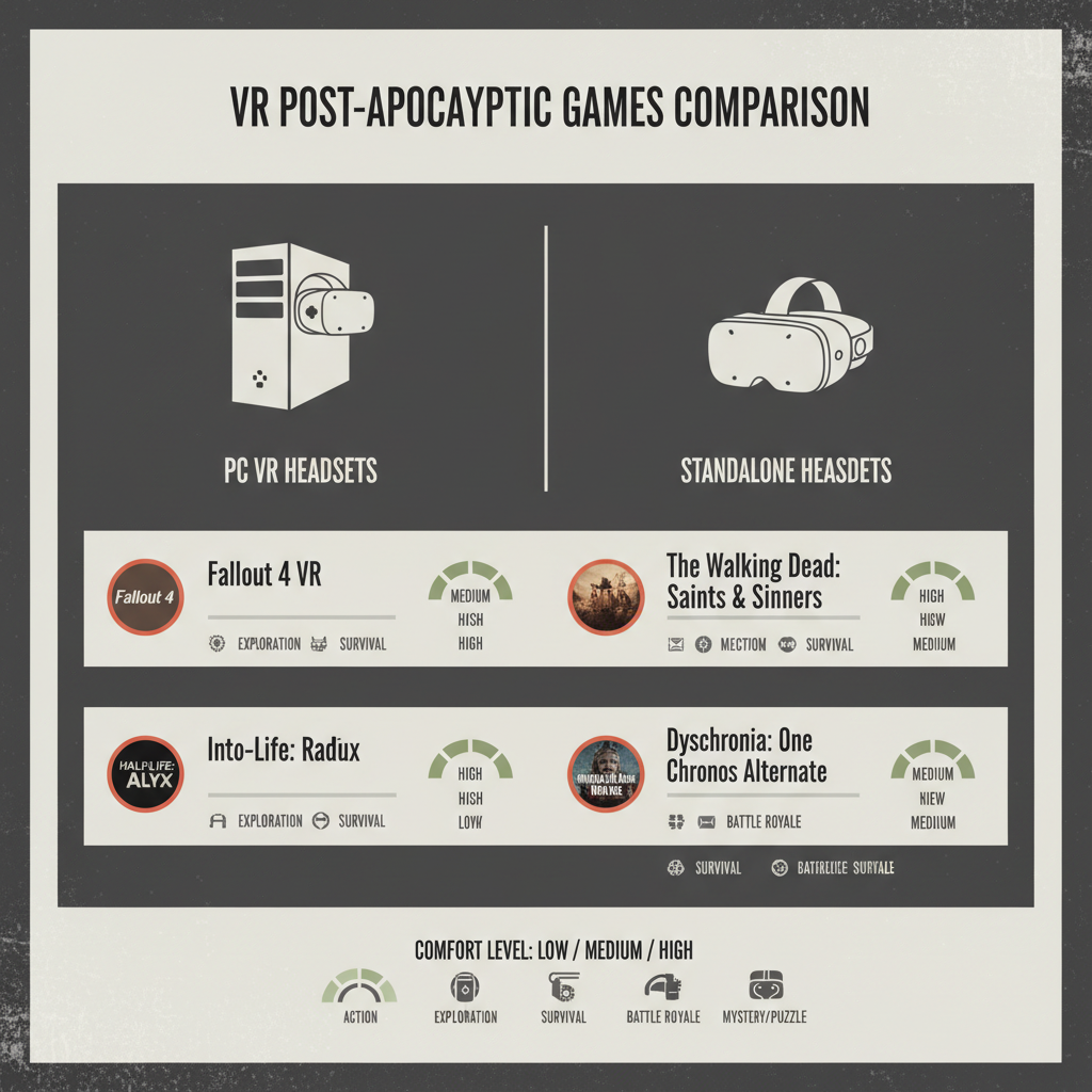 Comparison of VR post apocalyptic games across platforms and comfort levels