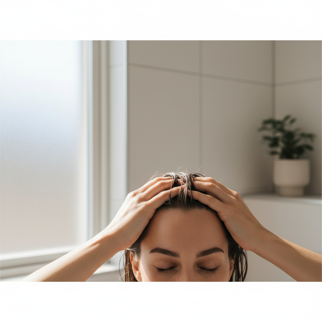 Person massaging scalp gently with fingertips in soft natural light