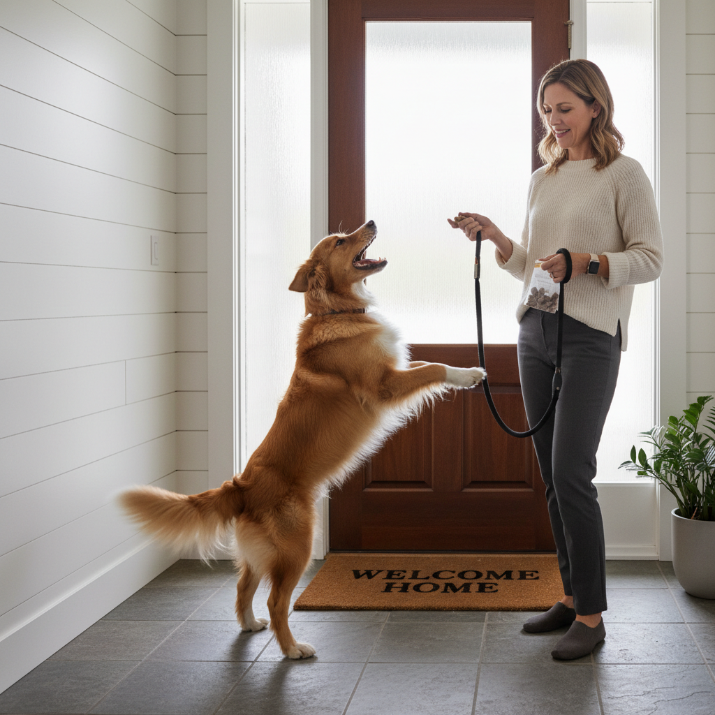 Dog barking at the front door while owner practices calm training