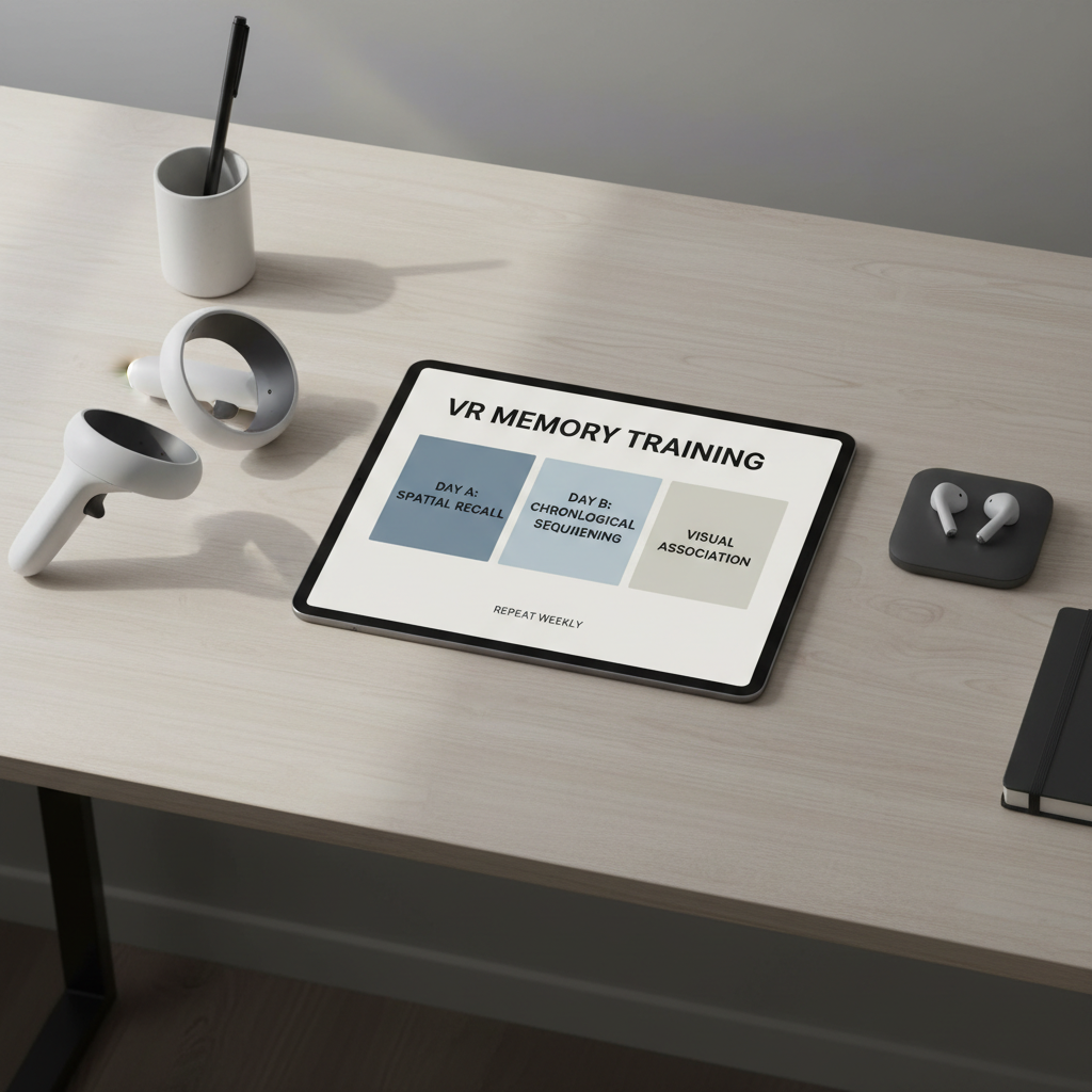 Simple weekly VR training plan for memory games written on a tablet beside VR controllers