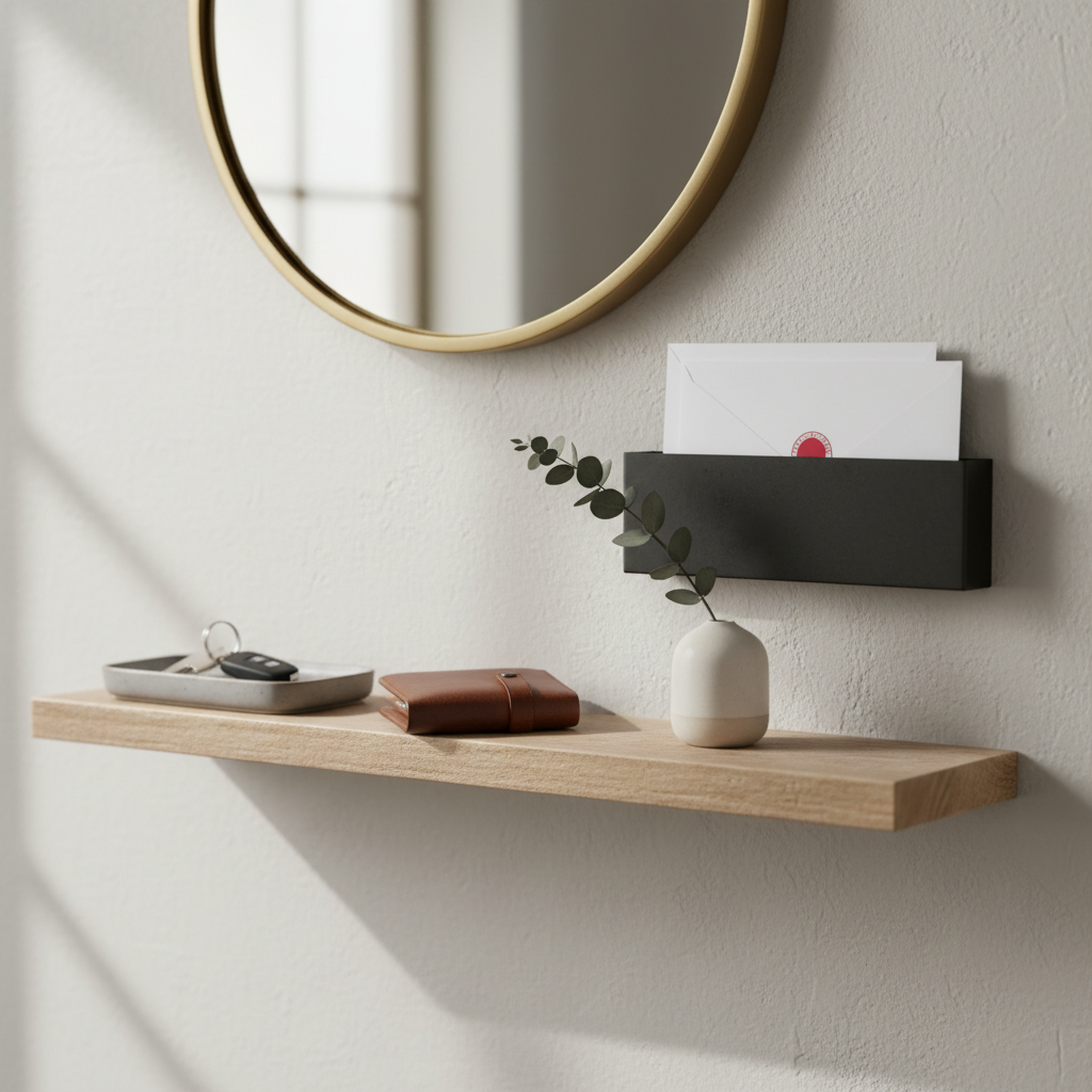 Organized key and mail station on a narrow entryway shelf