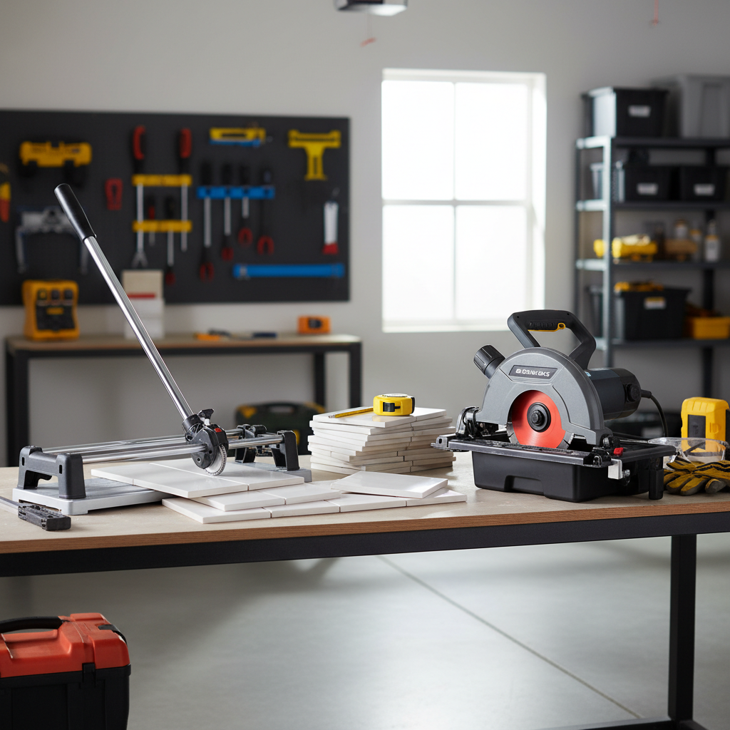 DIYer choosing between a manual tile cutter and a wet tile saw for ceramic tile
