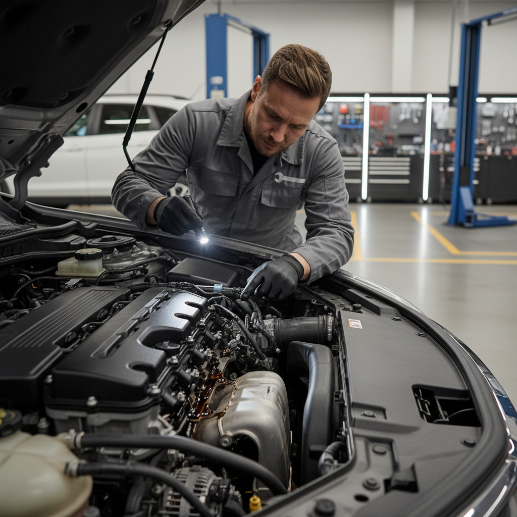 Mechanic inspecting engine oil leak around valve cover area