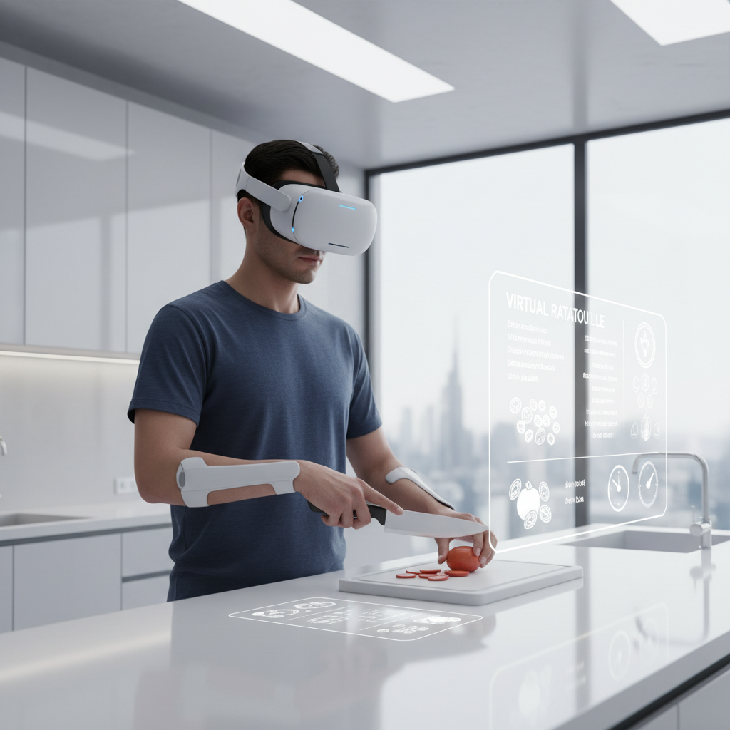 VR cooking game player preparing ingredients in a virtual kitchen