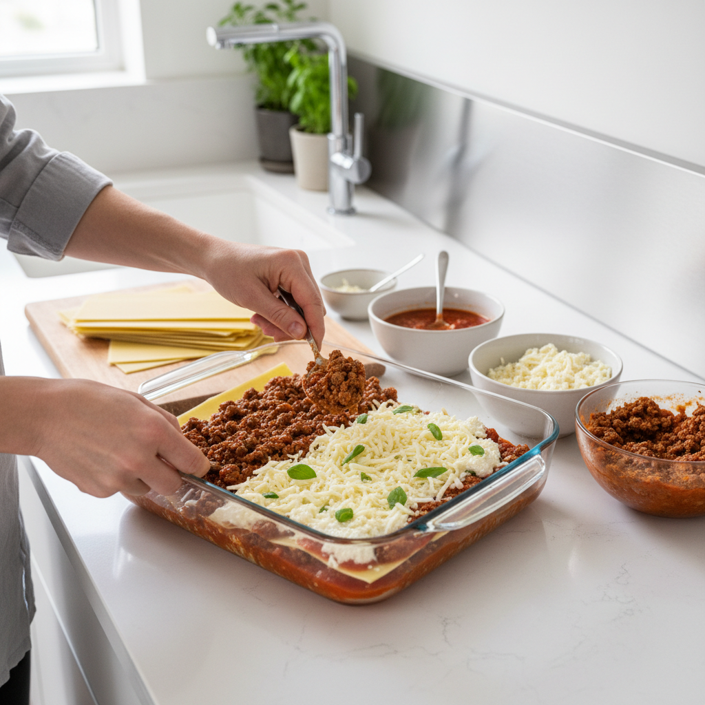 Layering homemade lasagna in a baking dish step by step
