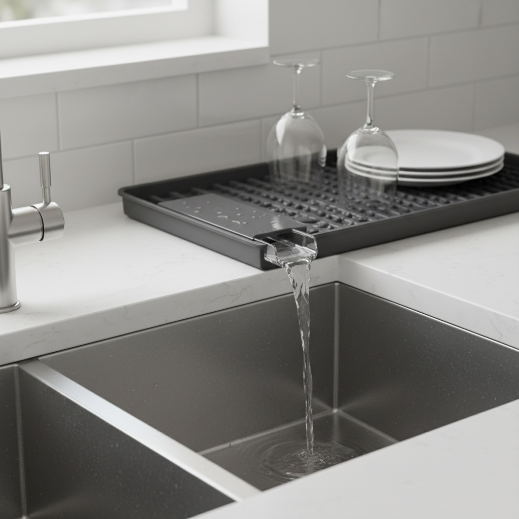 Dish rack drainage spout directing water into a kitchen sink