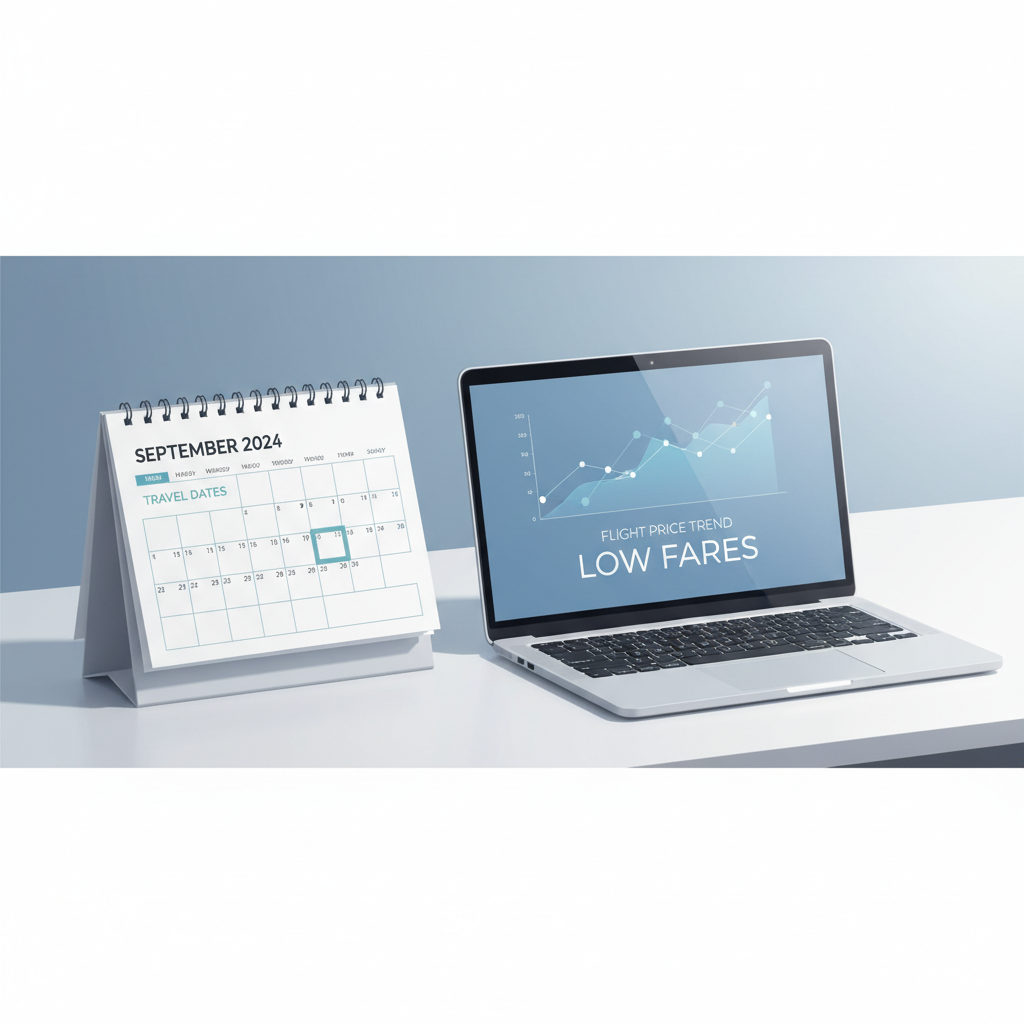 Calendar with highlighted travel dates and flight price trend chart