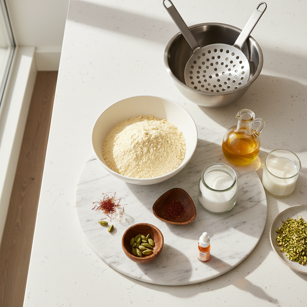 Motichoor laddu ingredients laid out for an easy recipe