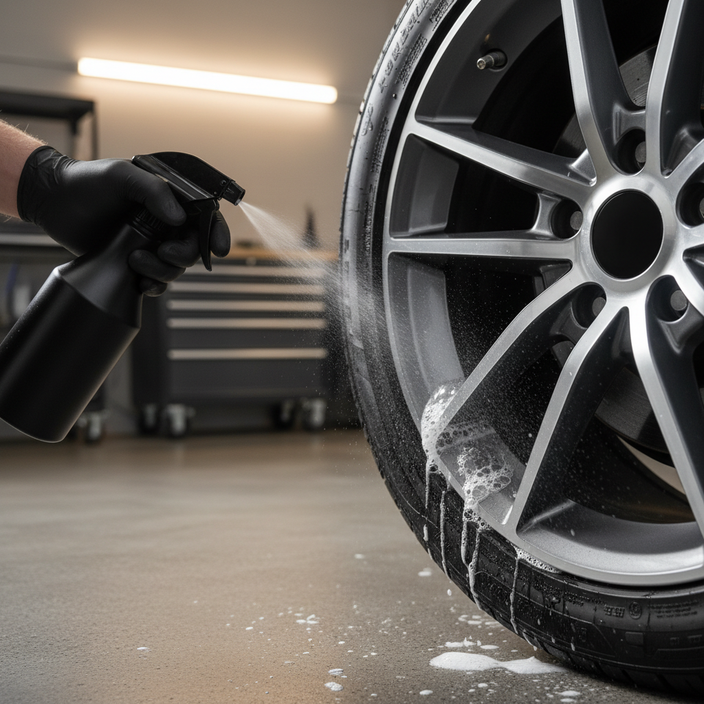 Soapy water bubble test around tire valve stem on a car wheel