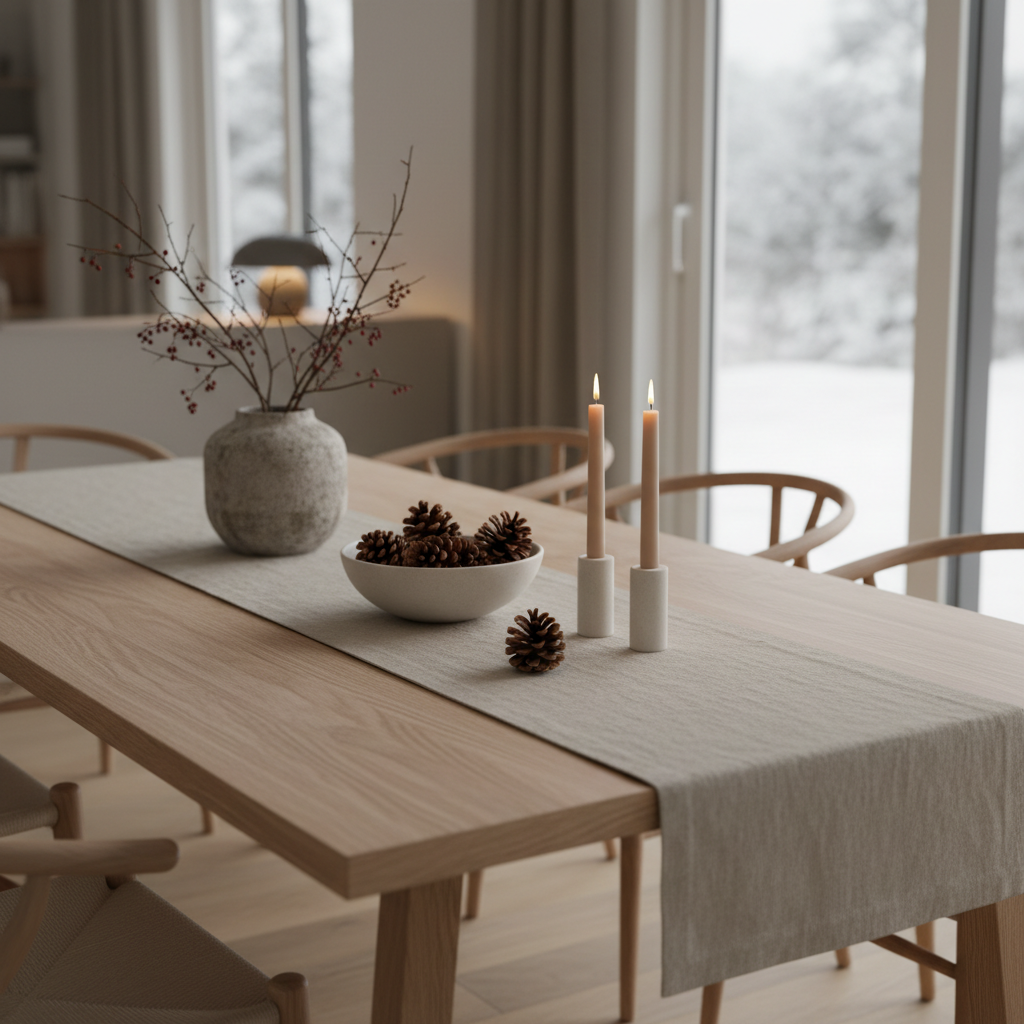 Neutral winter dining table with linen runner, ceramic centerpiece, and taper candles