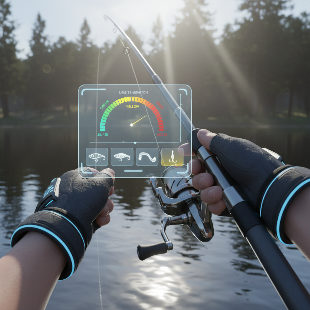 Close-up view of VR fishing reel interface showing line tension and lure selection