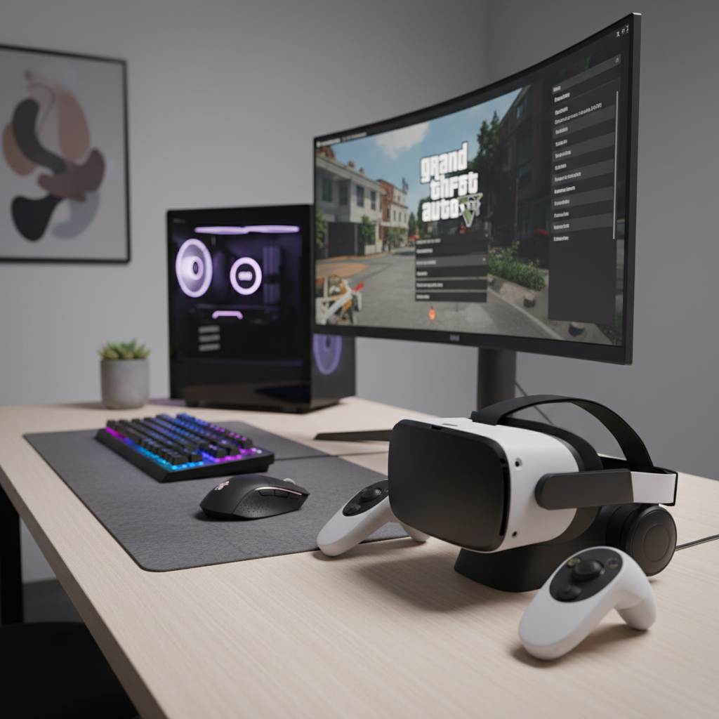PC VR setup for playing GTA 5 in VR with headset and controller on desk