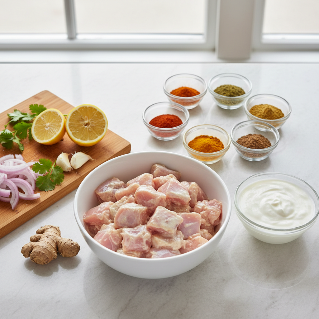 Ingredients for easy chicken kathi roll marinade on a kitchen counter