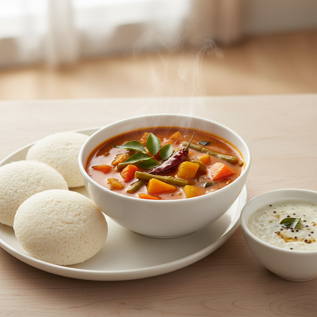 Bowl of South Indian sambar with vegetables and idli on the side
