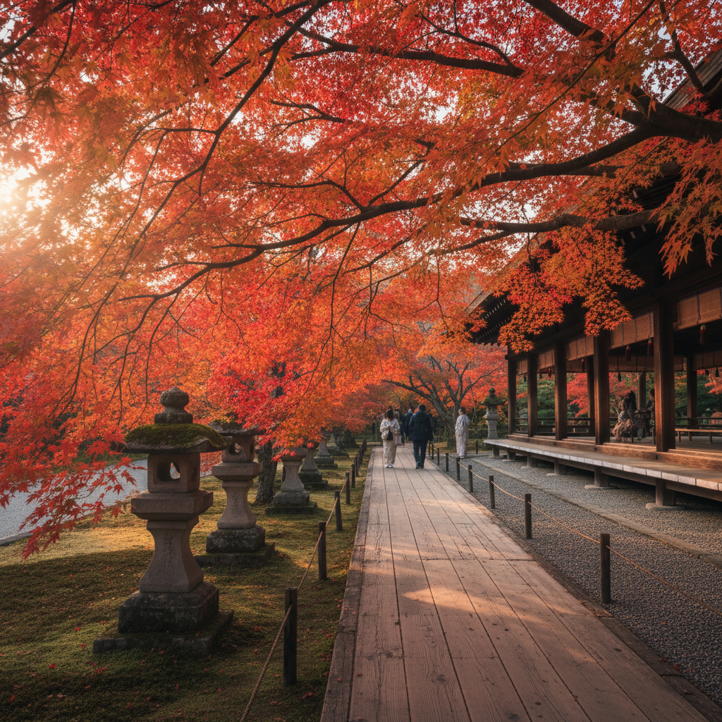 Autumn temple garden scene in Kyoto with vivid red maple leaves