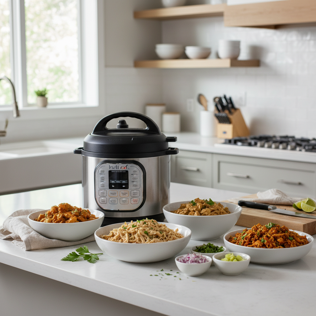 Instant Pot chicken dinner spread with shredded chicken and sauces