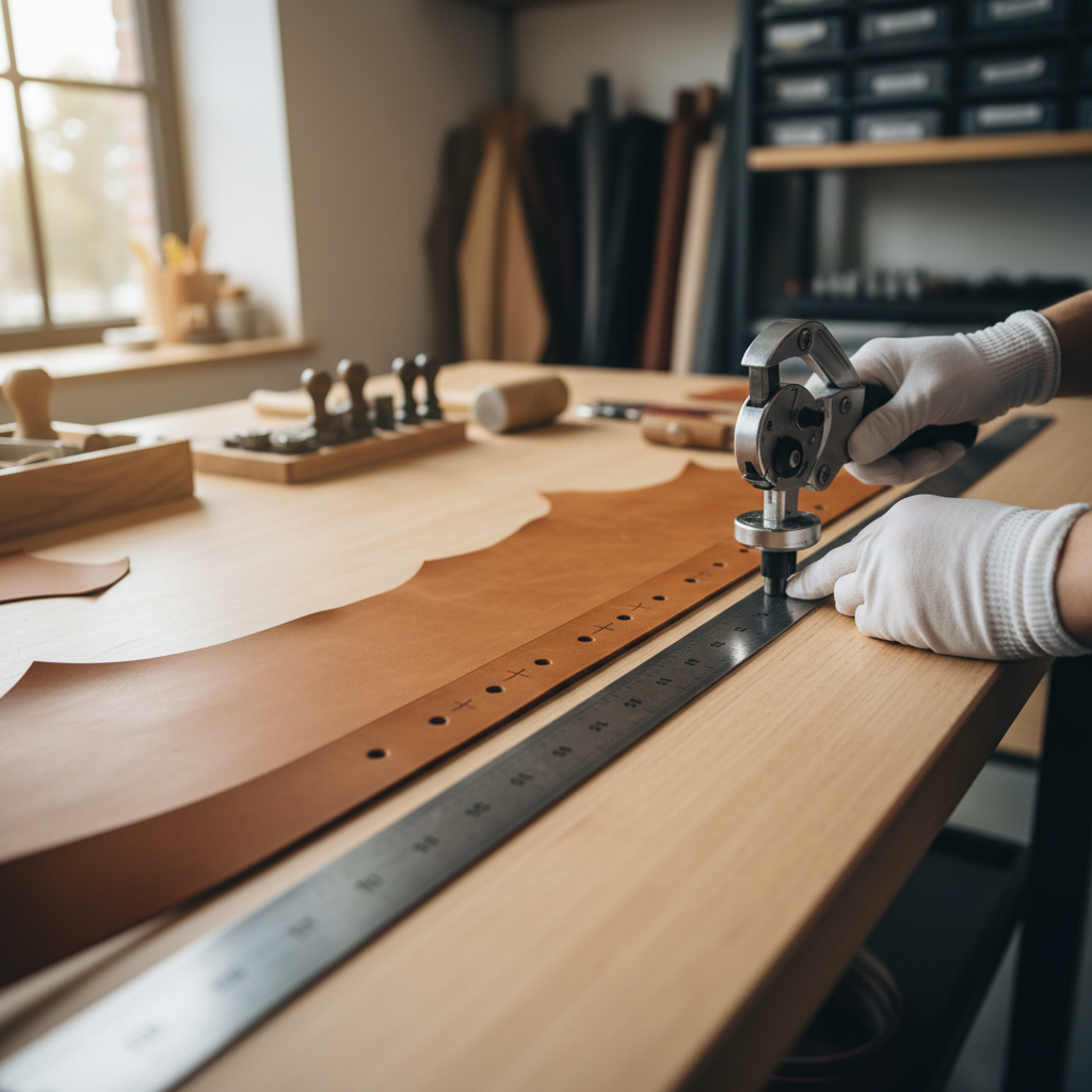 Leatherworker aligning a rotary hole punch on a belt strap with a ruler and marked hole positions