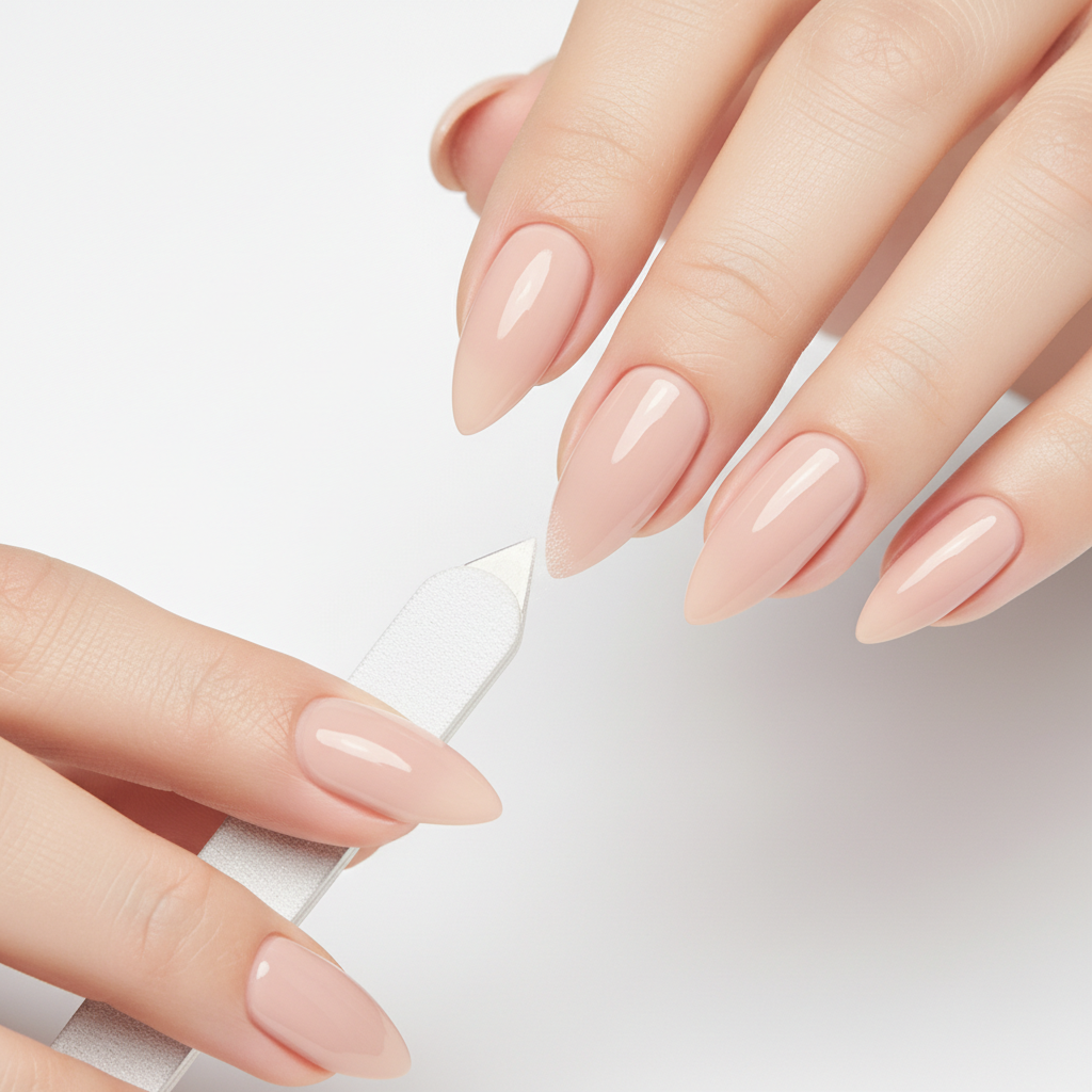 Press on nails being filed and finished for a natural salon look